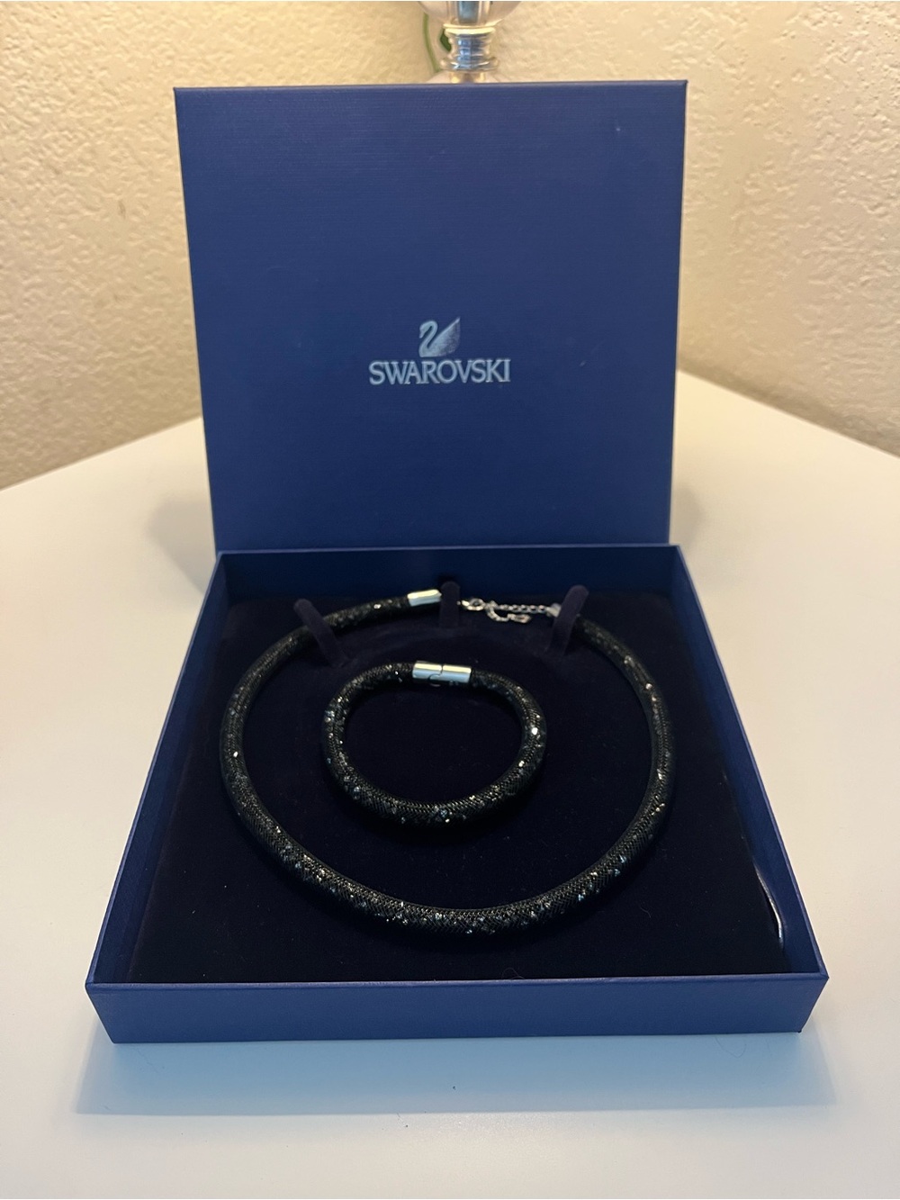Swarovski Black Sparkle Crystal Mesh Necklace and Bracelet Set Boxed NWT